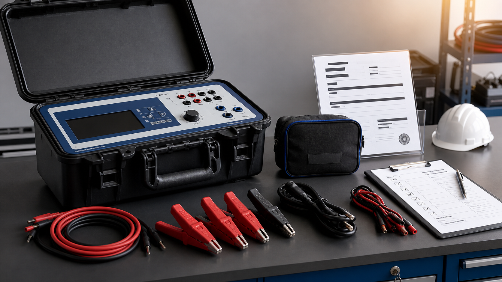 Electrical test equipment rental kit prepared with leads, accessory checklist and calibration proof